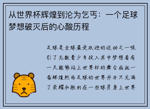 从世界杯辉煌到沦为乞丐：一个足球梦想破灭后的心酸历程